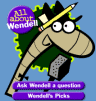 A worm named wendell that has a book, pencil and text that says, " all about wendell -ask wendell a question - wendells pics"